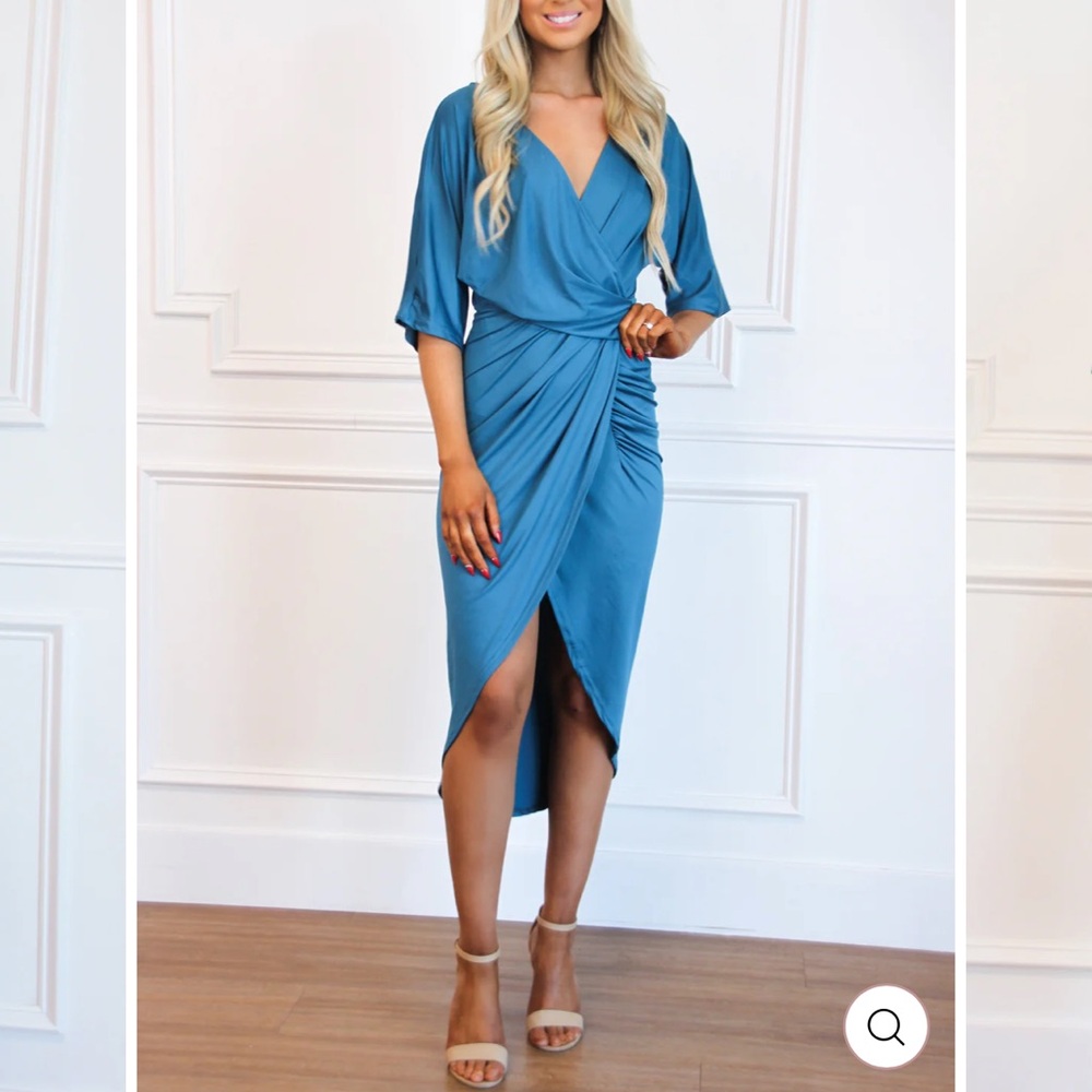 Blue Asymmetrical Ruched Midi Dress